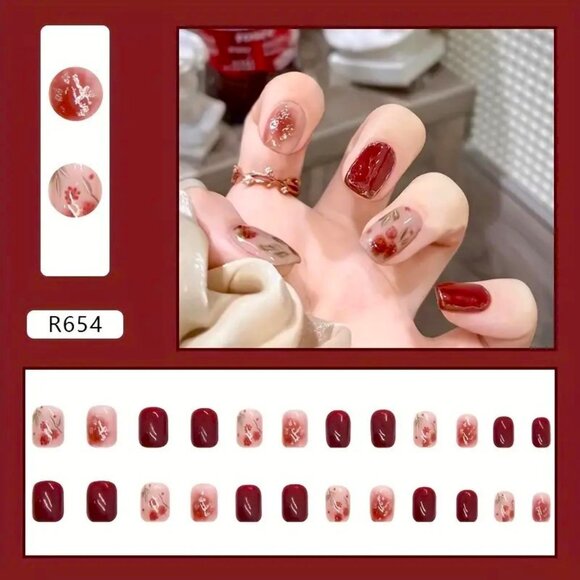 Nails Red Floral Press On 24 Glossy Style  Manicure Sexy Glam Stylish Reusable - Picture 2 of 5